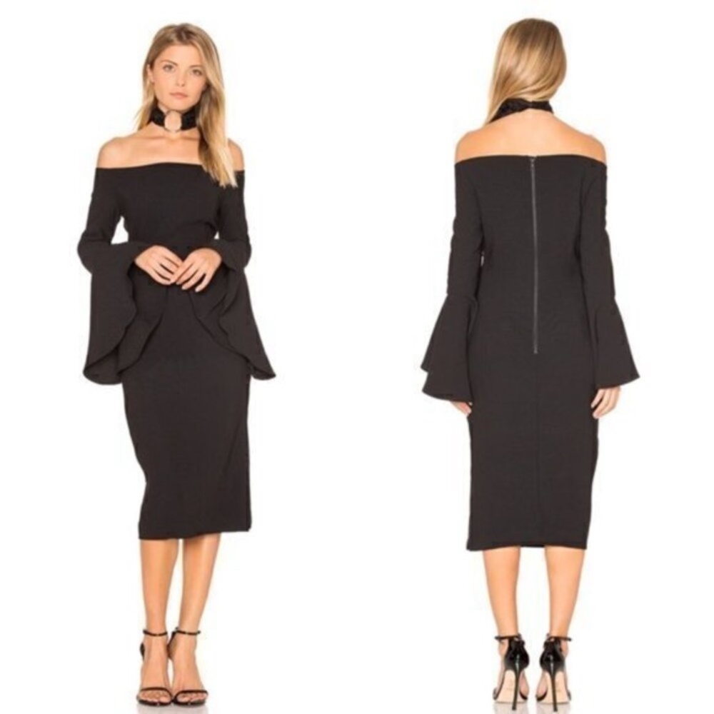 Bardot SZ 6/S Solange Black Trumpet-Sleeved Pencil Dress Off Shoulder Classic